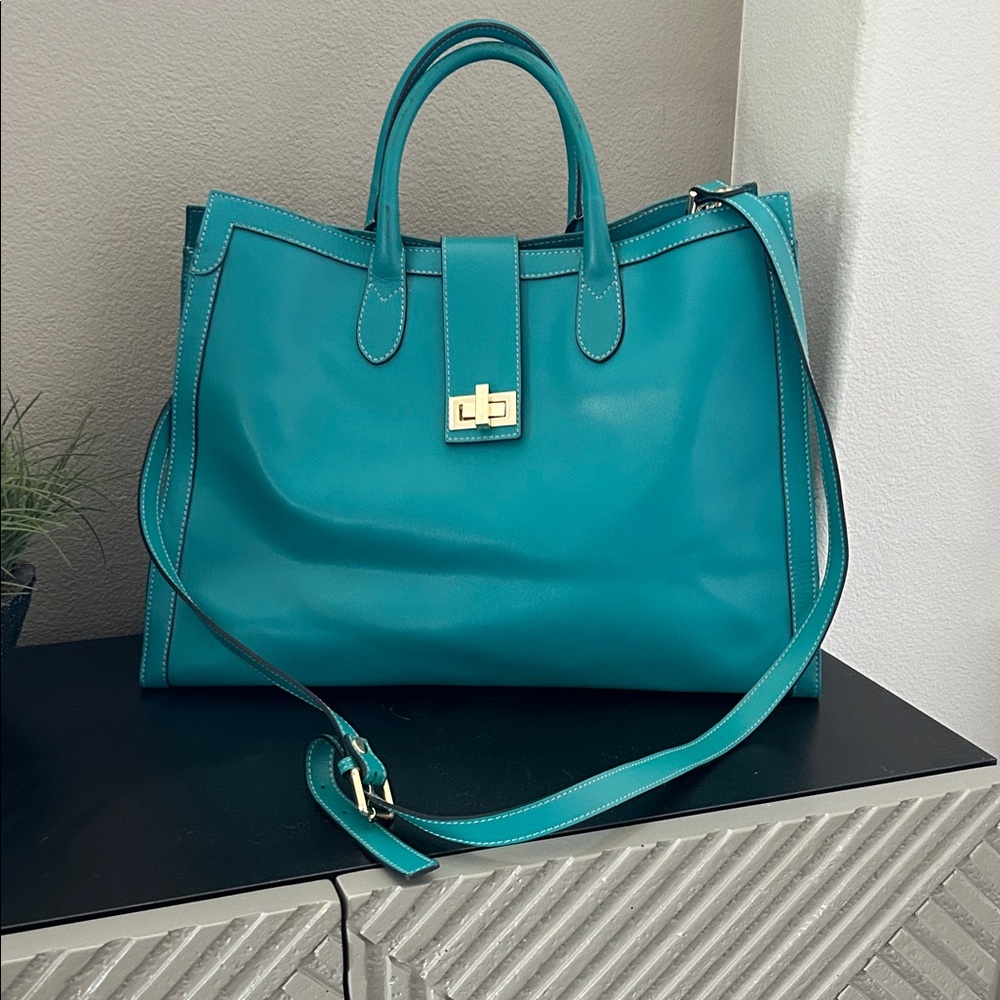 Teal Leather Tote Bag with Gold Hardware